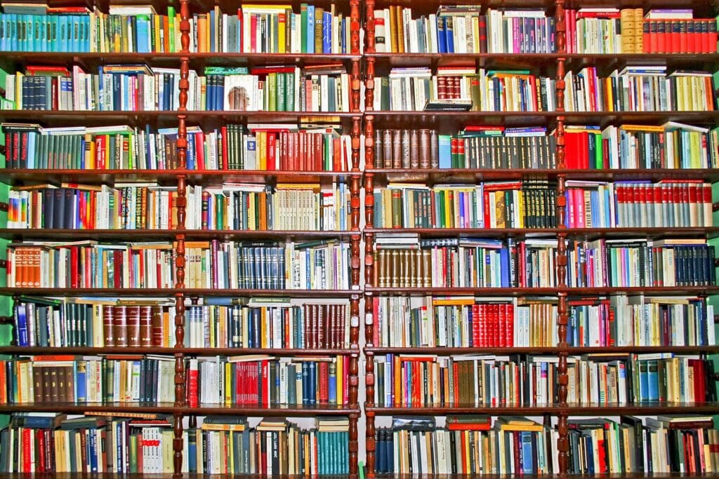 A tall bookshelf filled with colorful books.