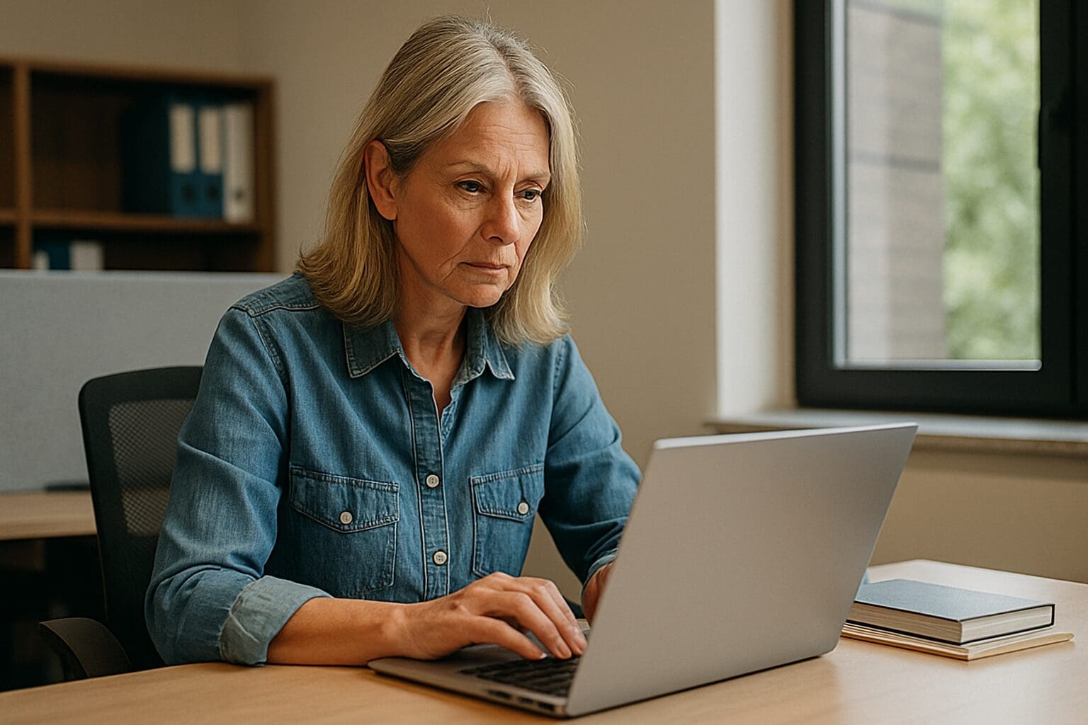 A focused woman working on a laptop indoors.